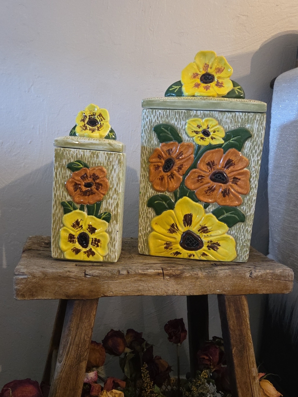Home Accents Yellow & Orange Ceramic Floral Canister Set